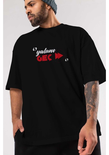 Yalanı Geç Ön Baskılı Siyah Oversize T-Shirt Erkek Kadın Bisiklet Yaka modelleri