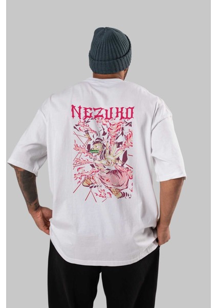 Nezuko Kamado Anime Arka Baskılı Beyaz Oversize T-Shirt Pamuk Erkek Kadın