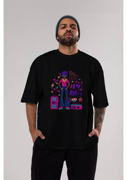 Retro Boy Party Ön Baskılı Siyah Oversize T-Shirt Erkek Kadın Bisiklet Yaka fırsatları