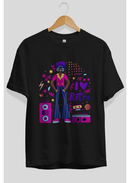 Retro Boy Party Ön Baskılı Siyah Oversize T-Shirt Erkek Kadın Bisiklet Yaka indirimleri