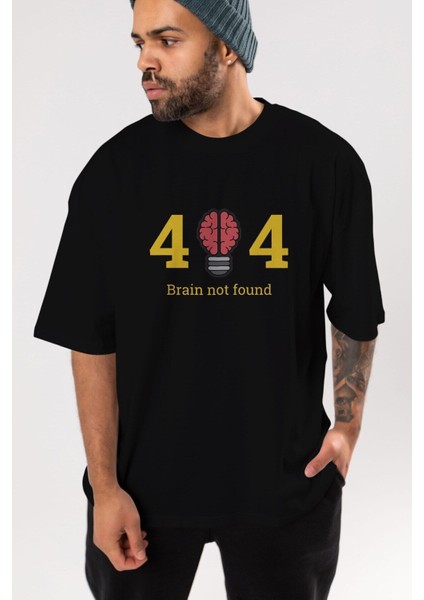 404 Brain Not Found Ön Baskılı Siyah Oversize T-Shirt Erkek Kadın Bisiklet Yaka