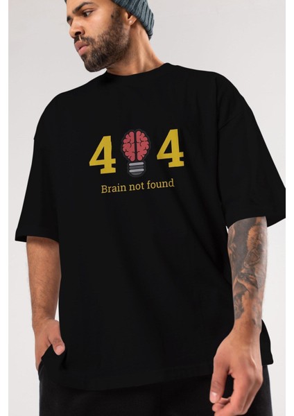 404 Brain Not Found Ön Baskılı Siyah Oversize T-Shirt Erkek Kadın Bisiklet Yaka fiyatları