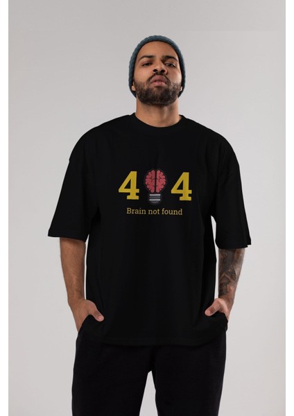 404 Brain Not Found Ön Baskılı Siyah Oversize T-Shirt Erkek Kadın Bisiklet Yaka indirimleri