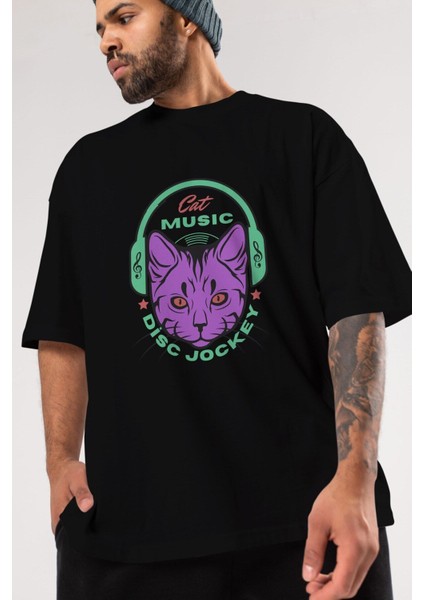 Cat Music Ön Baskılı Siyah Oversize T-Shirt Erkek Kadın Bisiklet Yaka fiyatları