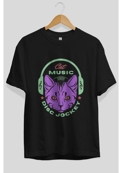 Cat Music Ön Baskılı Siyah Oversize T-Shirt Erkek Kadın Bisiklet Yaka fırsatları