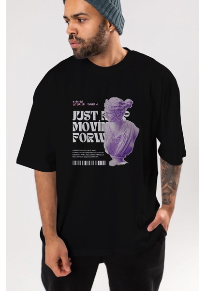 Just Keep Moving Forward Ön Baskılı Siyah Oversize T-Shirt Erkek Kadın Bisiklet Yaka
