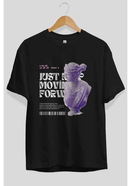 Just Keep Moving Forward Ön Baskılı Siyah Oversize T-Shirt Erkek Kadın Bisiklet Yaka modelleri