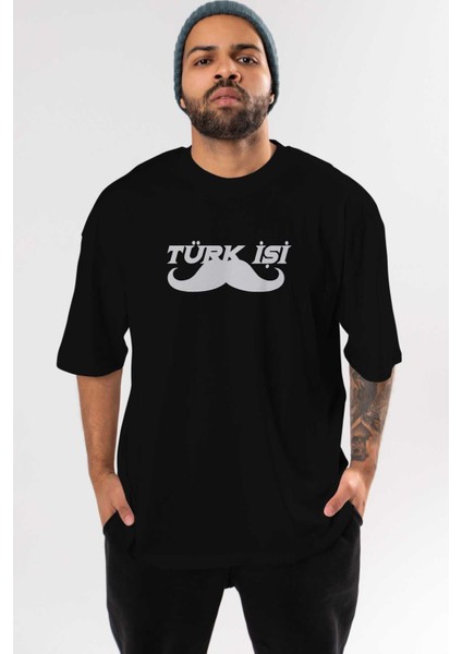 Türk Işi Ön Baskılı Siyah Oversize T-Shirt Erkek Kadın Bisiklet Yaka