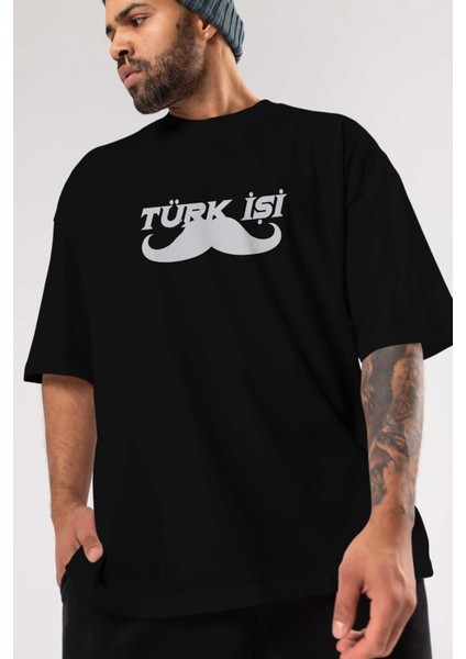 Türk Işi Ön Baskılı Siyah Oversize T-Shirt Erkek Kadın Bisiklet Yaka modelleri