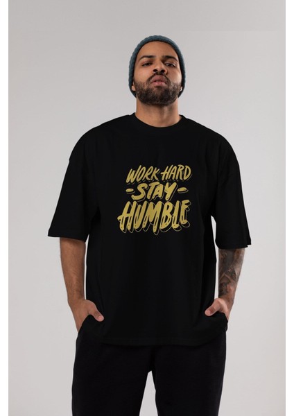 Word Hard Yazılı Ön Baskılı Siyah Oversize T-Shirt Erkek Kadın Bisiklet Yaka