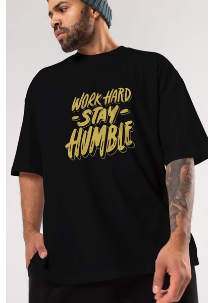 Word Hard Yazılı Ön Baskılı Siyah Oversize T-Shirt Erkek Kadın Bisiklet Yaka fiyatları