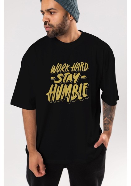 Word Hard Yazılı Ön Baskılı Siyah Oversize T-Shirt Erkek Kadın Bisiklet Yaka modelleri