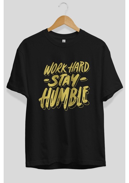 Word Hard Yazılı Ön Baskılı Siyah Oversize T-Shirt Erkek Kadın Bisiklet Yaka fırsatları