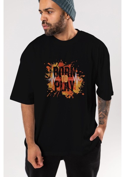 Born To Play Yazılı Ön Baskılı Siyah Oversize T-Shirt Erkek Kadın Bisiklet Yaka fırsatları