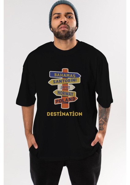 Destination Yazılı Ön Baskılı Siyah Oversize T-Shirt Erkek Kadın Bisiklet Yaka modelleri