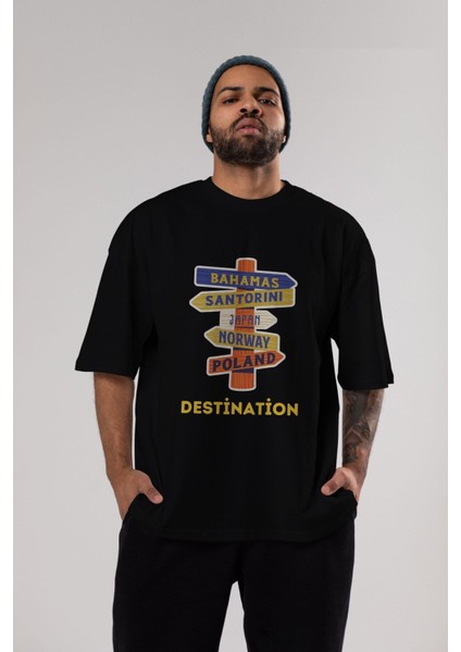 Destination Yazılı Ön Baskılı Siyah Oversize T-Shirt Erkek Kadın Bisiklet Yaka indirimleri