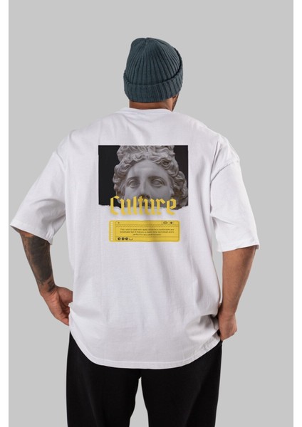Culture Yazılı Arka Baskılı Beyaz Oversize T-Shirt Erkek Kadın Bisiklet Yaka