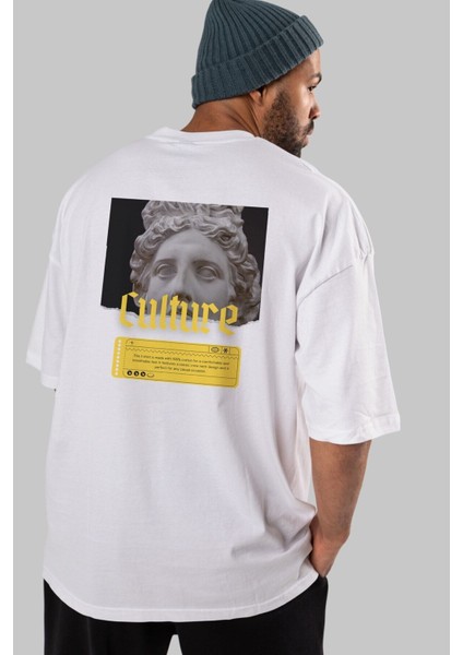 Culture Yazılı Arka Baskılı Beyaz Oversize T-Shirt Erkek Kadın Bisiklet Yaka modelleri
