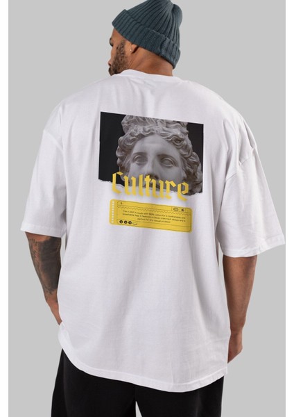 Culture Yazılı Arka Baskılı Beyaz Oversize T-Shirt Erkek Kadın Bisiklet Yaka fırsatları