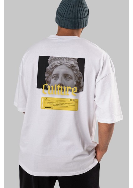 Culture Yazılı Arka Baskılı Beyaz Oversize T-Shirt Erkek Kadın Bisiklet Yaka indirimleri