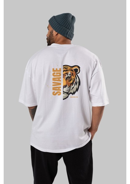 Savage Brooklyn Yazılı Arka Baskılı Beyaz Oversize T-Shirt Erkek Kadın Bisiklet Yaka