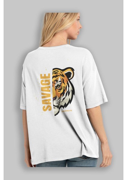 Savage Brooklyn Yazılı Arka Baskılı Beyaz Oversize T-Shirt Erkek Kadın Bisiklet Yaka fiyatları