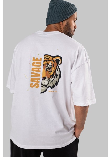 Savage Brooklyn Yazılı Arka Baskılı Beyaz Oversize T-Shirt Erkek Kadın Bisiklet Yaka modelleri