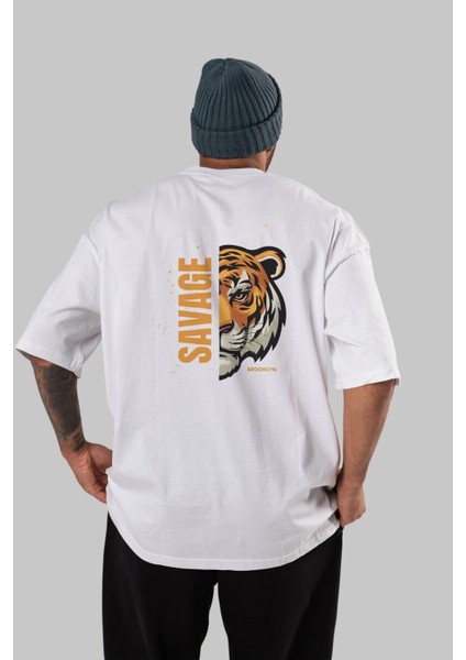 Savage Brooklyn Yazılı Arka Baskılı Beyaz Oversize T-Shirt Erkek Kadın Bisiklet Yaka fırsatları