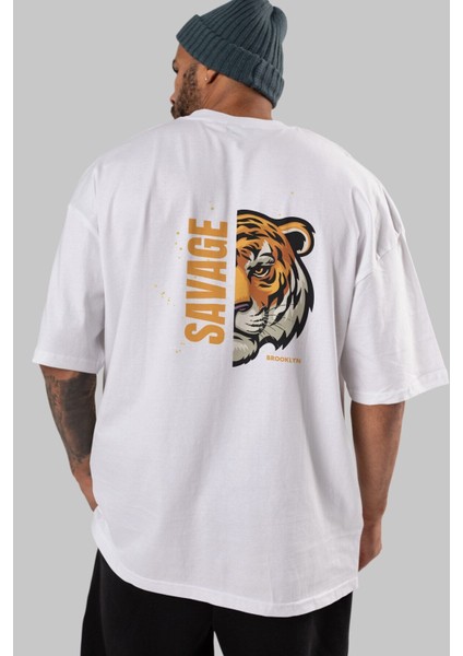 Savage Brooklyn Yazılı Arka Baskılı Beyaz Oversize T-Shirt Erkek Kadın Bisiklet Yaka indirimleri