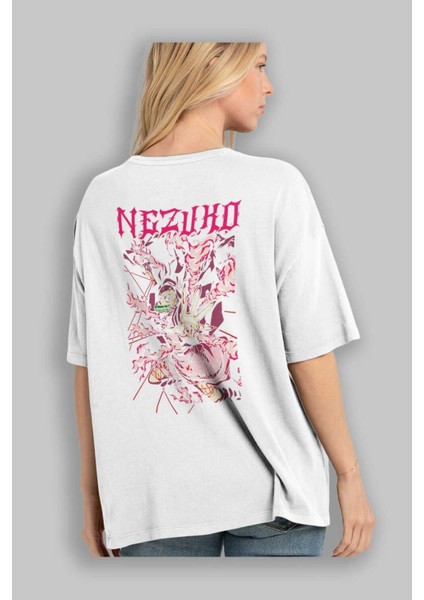 Nezuko Kamado Anime Arka Baskılı Beyaz Oversize T-Shirt Pamuk Erkek Kadın modelleri