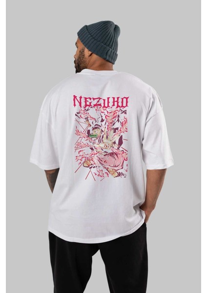 Nezuko Kamado Anime Arka Baskılı Beyaz Oversize T-Shirt Pamuk Erkek Kadın fırsatları
