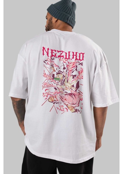 Nezuko Kamado Anime Arka Baskılı Beyaz Oversize T-Shirt Pamuk Erkek Kadın indirimleri