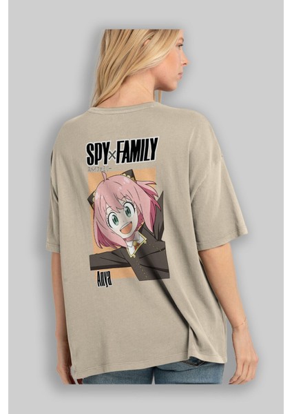 Spy x Famıly Anya Anime Arka Baskılı Bej Oversize T-Shirt %100 Pamuk Erkek Kadın modelleri