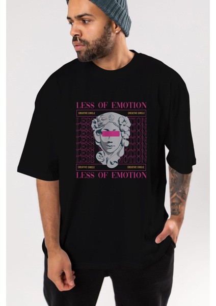Less Of Emotion Ön Baskılı Siyah Oversize T-Shirt Erkek Kadın Bisiklet Yaka fırsatları