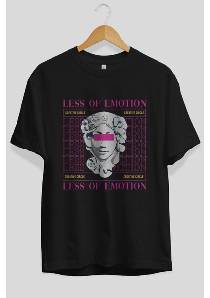 Less Of Emotion Ön Baskılı Siyah Oversize T-Shirt Erkek Kadın Bisiklet Yaka indirimleri