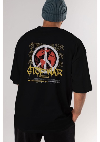 Stop War For Future Arka Baskılı Siyah Oversize T-Shirt Erkek Kadın Bisiklet Yaka