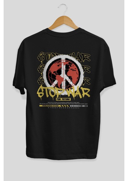 Stop War For Future Arka Baskılı Siyah Oversize T-Shirt Erkek Kadın Bisiklet Yaka