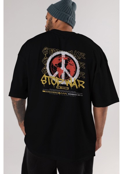 Stop War For Future Arka Baskılı Siyah Oversize T-Shirt Erkek Kadın Bisiklet Yaka
