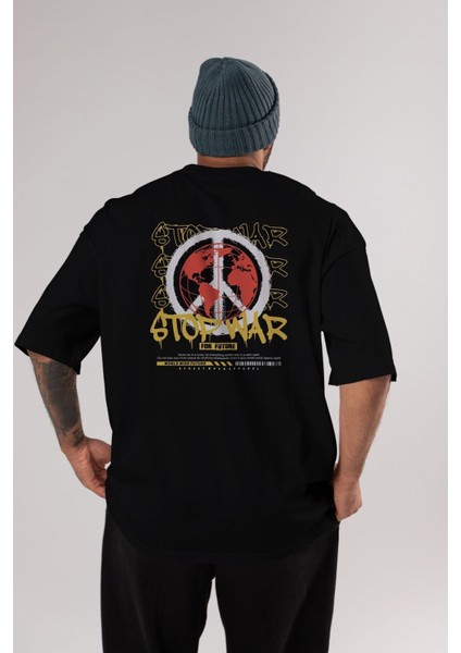 Stop War For Future Arka Baskılı Siyah Oversize T-Shirt Erkek Kadın Bisiklet Yaka