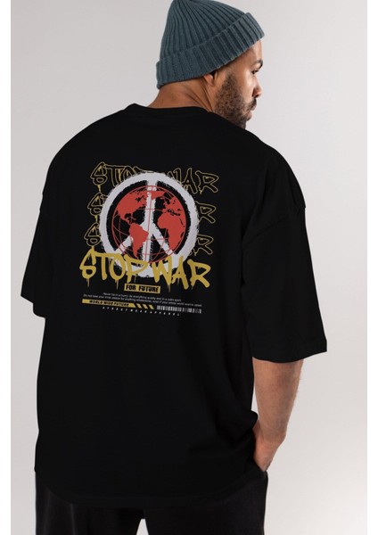 Stop War For Future Arka Baskılı Siyah Oversize T-Shirt Erkek Kadın Bisiklet Yaka
