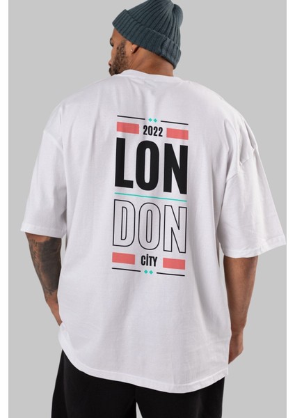 London City Yazılı Arka Baskılı Beyaz Oversize T-Shirt Erkek Kadın Bisiklet Yaka