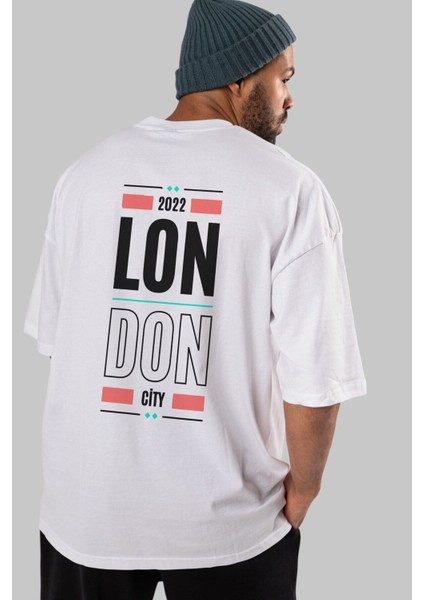 London City Yazılı Arka Baskılı Beyaz Oversize T-Shirt Erkek Kadın Bisiklet Yaka fırsatları