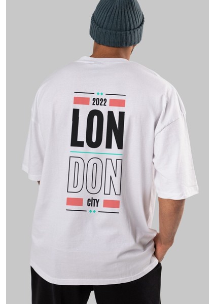London City Yazılı Arka Baskılı Beyaz Oversize T-Shirt Erkek Kadın Bisiklet Yaka indirimleri
