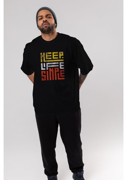 Keep Life Simple Yazılı Ön Baskılı Siyah Oversize T-Shirt Erkek Kadın Bisiklet Yaka