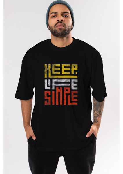 Keep Life Simple Yazılı Ön Baskılı Siyah Oversize T-Shirt Erkek Kadın Bisiklet Yaka fiyatları