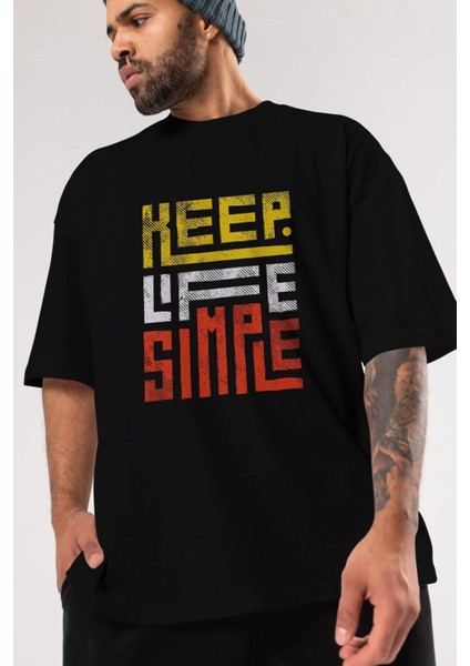 Keep Life Simple Yazılı Ön Baskılı Siyah Oversize T-Shirt Erkek Kadın Bisiklet Yaka fırsatları
