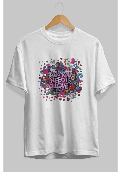 Cute Fun Colorful Heart Ön Baskılı Beyaz Oversize T-Shirt Erkek Kadın Bisiklet Yaka fiyatları