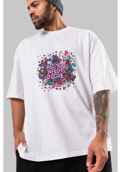 Cute Fun Colorful Heart Ön Baskılı Beyaz Oversize T-Shirt Erkek Kadın Bisiklet Yaka modelleri