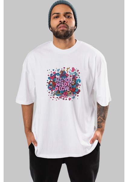 Cute Fun Colorful Heart Ön Baskılı Beyaz Oversize T-Shirt Erkek Kadın Bisiklet Yaka indirimleri
