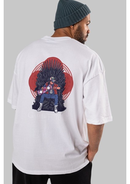 Game Of Future Arka Baskılı Beyaz Oversize T-Shirt Erkek Kadın Bisiklet Yaka